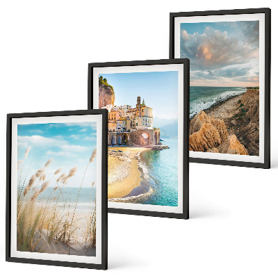 Set of 3 framed wall art pieces Landscapes beach cliffs city
