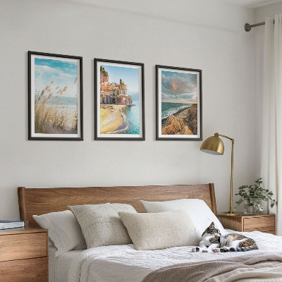 Set of 3 framed wall art pieces Landscapes beach cliffs city