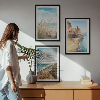 Set of 3 framed wall art pieces featuring beach cliffs and cityscapes