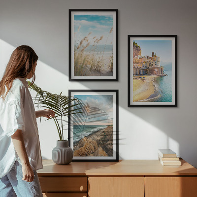 Set of 3 framed wall art pieces Landscapes beach cliffs city