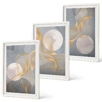 Wall art set featuring abstract patterns of waves and circles