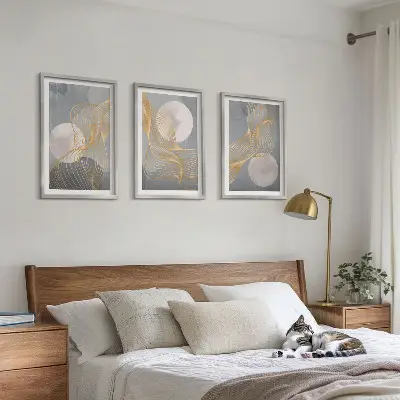 Wall art set featuring abstract patterns of waves and circles