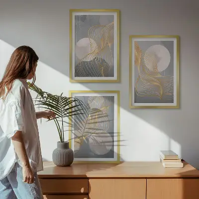 Wall art set featuring abstract patterns of waves and circles