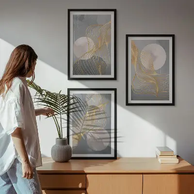 Wall art set featuring abstract patterns of waves and circles