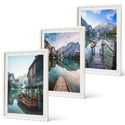 Three-piece wall art piece Lake mountains wooden boats