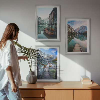 Three-piece wall art piece Lake mountains wooden boats