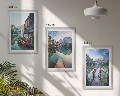Three-piece wall art piece Lake mountains wooden boats