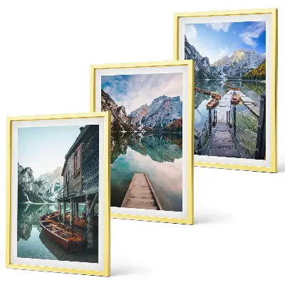 Three-piece wall art set featuring a lake with mountains and wooden boats