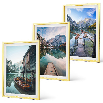 Three-piece wall art piece Lake mountains wooden boats