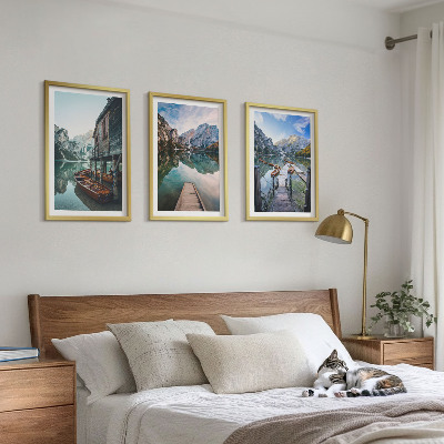 Three-piece wall art piece Lake mountains wooden boats