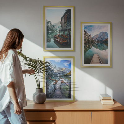 Three-piece wall art piece Lake mountains wooden boats
