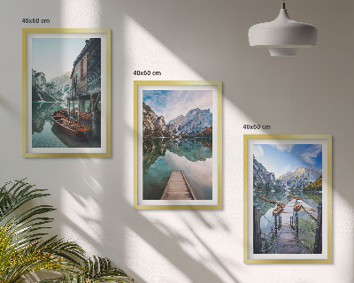 Three-piece wall art piece Lake mountains wooden boats