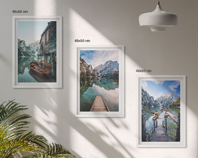 Three-piece wall art piece Lake mountains wooden boats