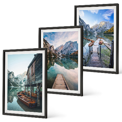 Three-piece wall art piece Lake mountains wooden boats