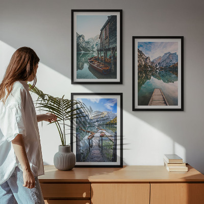 Three-piece wall art piece Lake mountains wooden boats