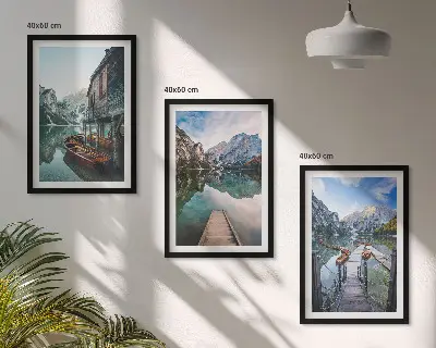 Three-piece wall art set featuring a lake with mountains and wooden boats