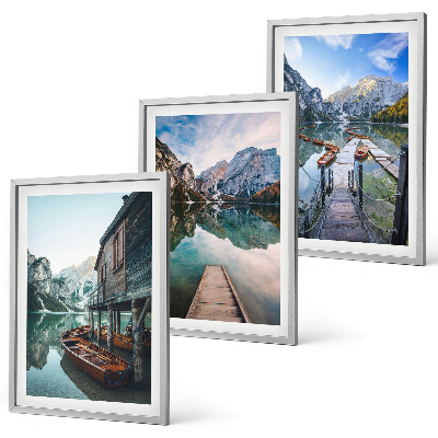 Three-piece wall art piece Lake mountains wooden boats
