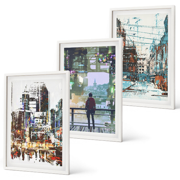 Set of 3 framed wall art pieces Modern cities colorful characters