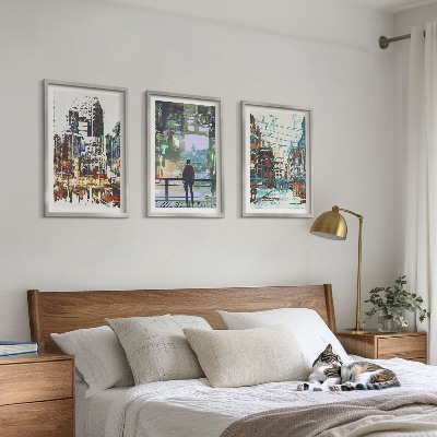 Set of 3 framed wall art pieces Modern cities colorful characters