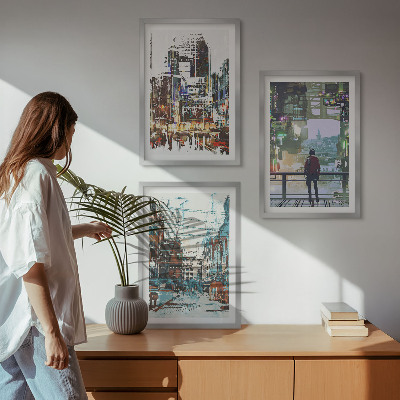 Set of 3 framed wall art pieces Modern cities colorful characters