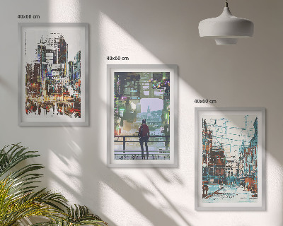 Set of 3 framed wall art pieces Modern cities colorful characters
