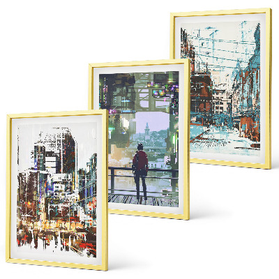 Set of 3 framed wall art pieces Modern cities colorful characters