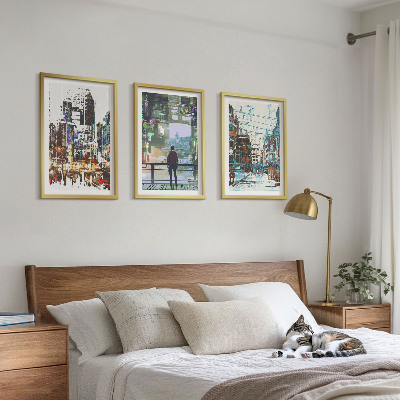 Set of 3 framed wall art pieces Modern cities colorful characters