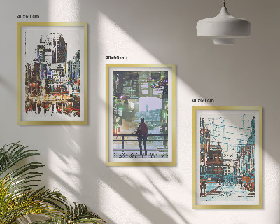 Set of 3 framed wall art pieces Modern cities colorful characters