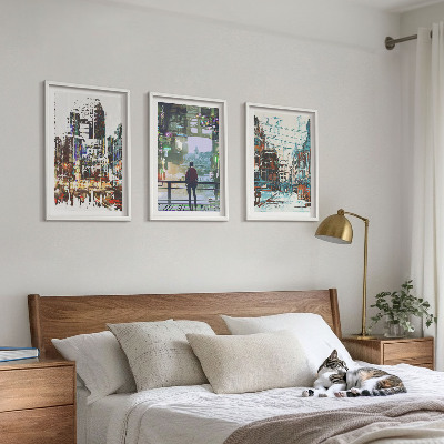 Set of 3 framed wall art pieces Modern cities colorful characters