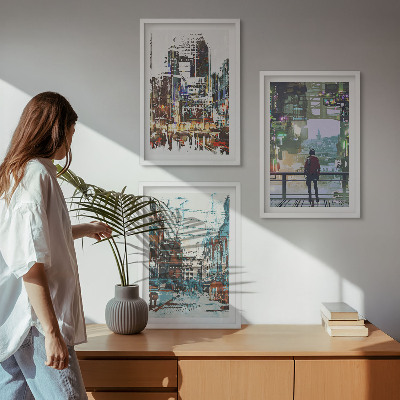 Set of 3 framed wall art pieces Modern cities colorful characters