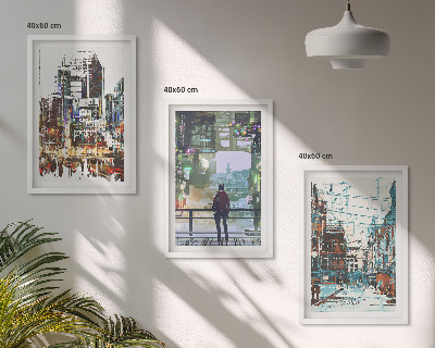 Set of 3 framed wall art pieces Modern cities colorful characters