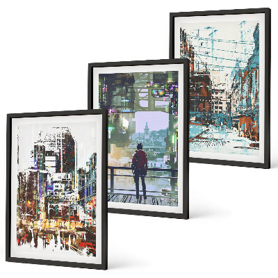 Set of 3 framed wall art pieces Modern cities colorful characters