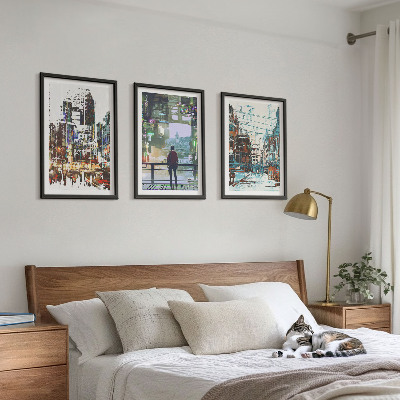 Set of 3 framed wall art pieces Modern cities colorful characters