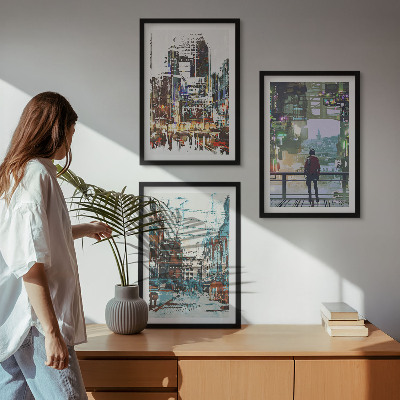 Set of 3 framed wall art pieces Modern cities colorful characters