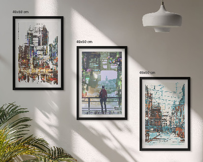 Set of 3 framed wall art pieces Modern cities colorful characters