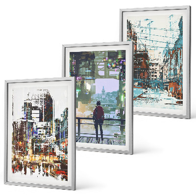 Set of 3 framed wall art pieces Modern cities colorful characters