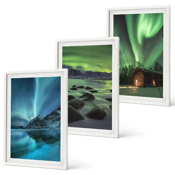 Three-piece wall art set winter landscape with aurora and mountains