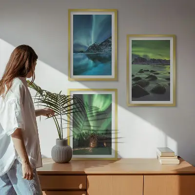 Three-piece wall art set winter landscape with aurora and mountains