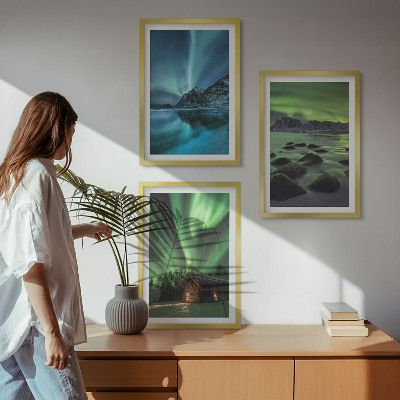 Three-piece wall art piece Winter landscapes aurora mountains
