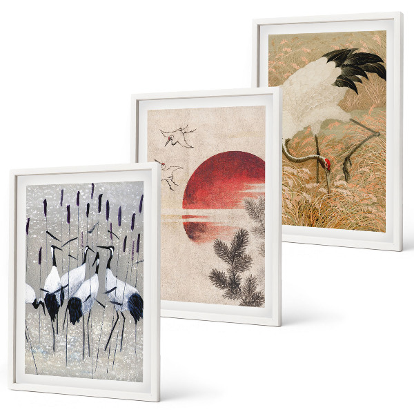 Set of 3 framed wall art pieces Japanese cranes landscape