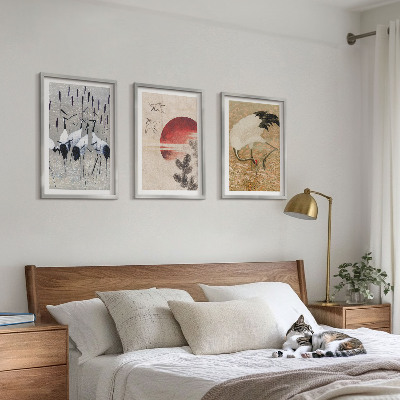 Set of 3 framed wall art pieces Japanese cranes landscape