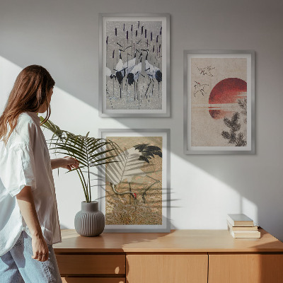 Set of 3 framed wall art pieces Japanese cranes landscape