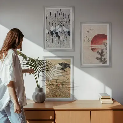 Japanese cranes landscape wall art set of 3 framed pieces