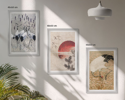 Set of 3 framed wall art pieces Japanese cranes landscape