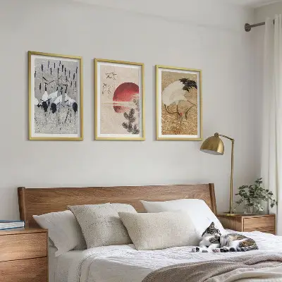 Japanese cranes landscape wall art set of 3 framed pieces