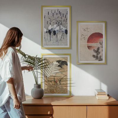 Set of 3 framed wall art pieces Japanese cranes landscape