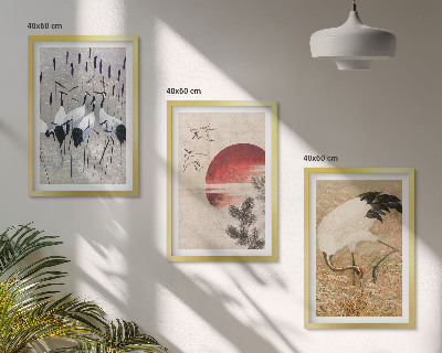 Set of 3 framed wall art pieces Japanese cranes landscape