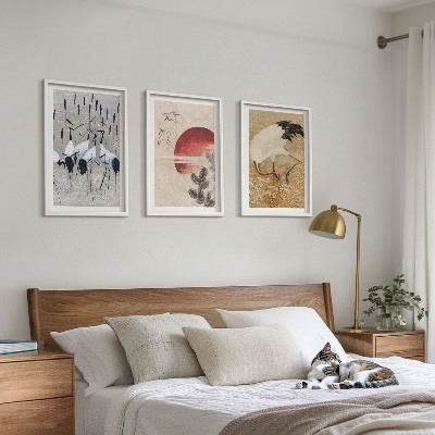 Set of 3 framed wall art pieces Japanese cranes landscape