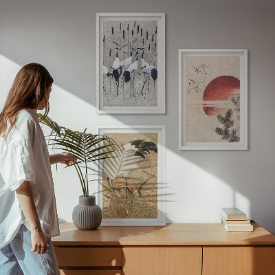Set of 3 framed wall art pieces Japanese cranes landscape