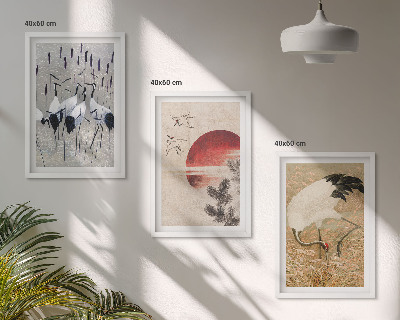 Set of 3 framed wall art pieces Japanese cranes landscape